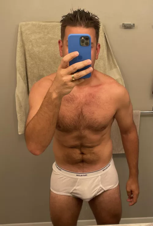 [38] married dad here. Y’all liked my last briefs picture so much I took another one this morning for you. Have some big meetings today so I have these on under my suit. What do you think…should I wear these more? Leave a comment and let me know. Tha