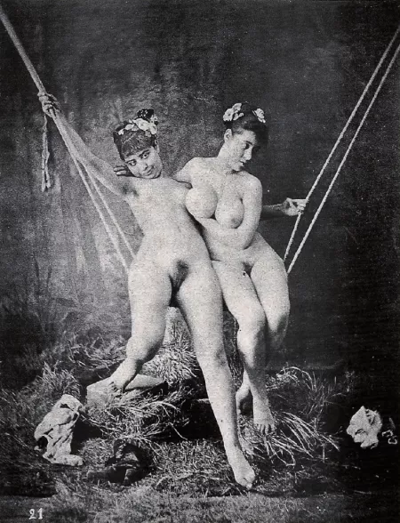 Anonymous nude women on a swing, ca. 1885