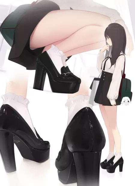 Black high-waisted skort peek and platform high heels [Original]