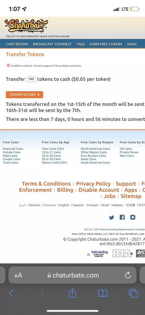 cash out problem, so i’m new to being a model and i already put all my verification info and banking stuff but whenever i try to cash out this pops up (i have 1009 tokens btw) PLEASE HELP!