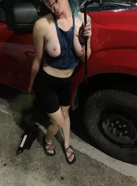 Changed the flat on my truck in the middle of the night by myself so naturally I had to get a pic for Reddit! Changed the flat on my truck in the middle of the night by myself so naturally I had to get a pic for Reddit!