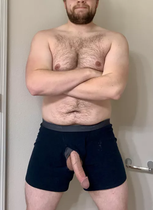 Dad bod, beard, and cock.