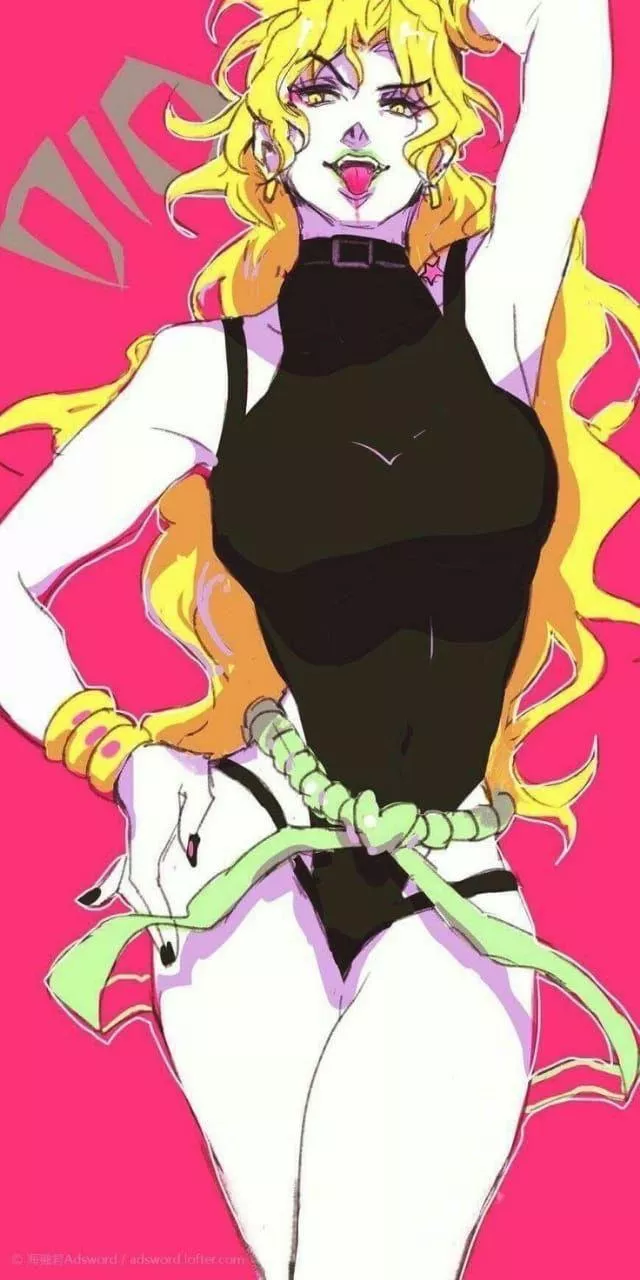Dio with her armpits, arm up, big breasts, black leotard, bracelets, choker, green lips, yellow eyes and yellow hair Dio with her armpits, arm up, big breasts, black leotard, bracelets, choker, green lips, yellow eyes and yellow hair