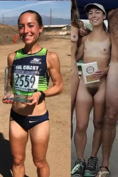 Flat chest, small tits, hairy bush of a runner friend 😜
