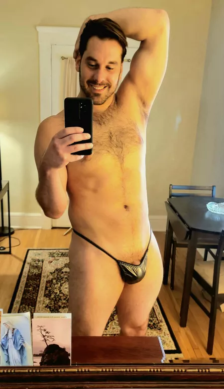 Goofin in my metallic gun metal gray foil wetlook thong. Think I got a size too small. 🤷