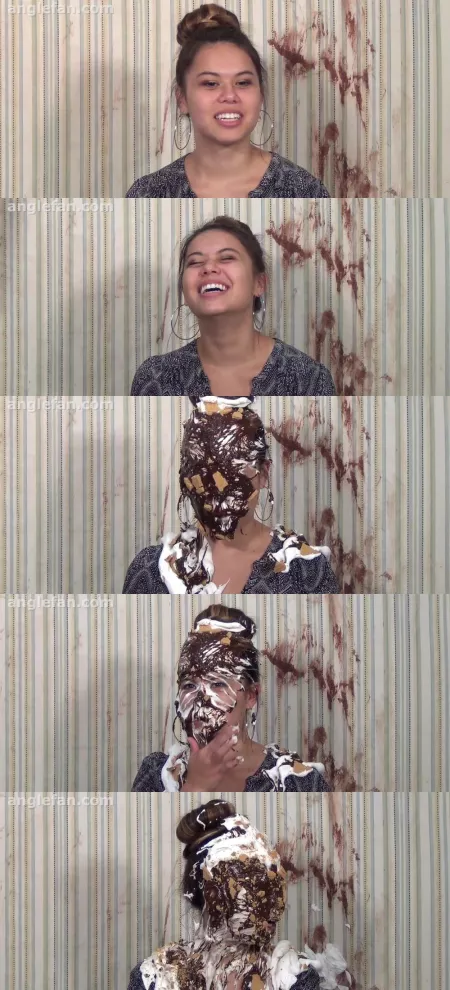 India with hoop earrings, hair done up fancy, gets pie dropped on her by Anglefan