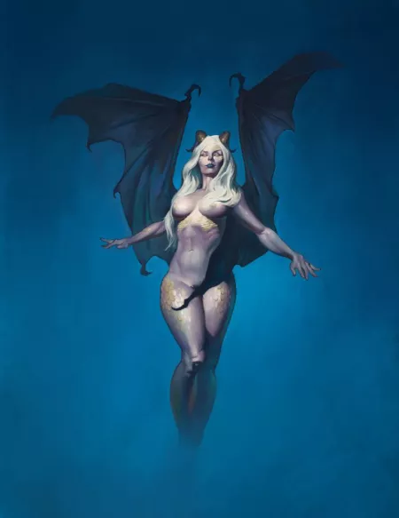 Isra, draconic lineage Drow sorcerer, prepping her wings for flight. Artwork done by Martin Sobr