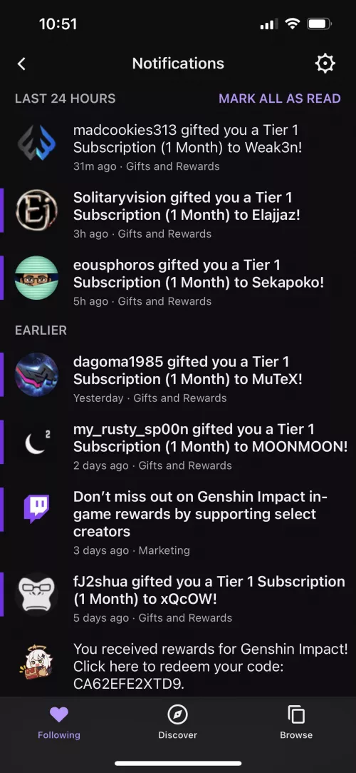 I’ve been getting gifted subs for the past few days. Either someone is following me or I’m getting insanely lucky.