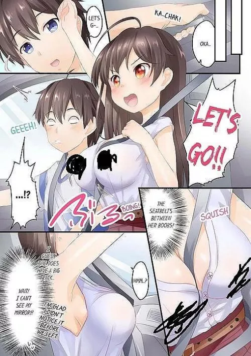 LF Color Source: 1boy, 1girl, car interior, long hair, medium breasts, white shirt, brown hair, strap between breasts, seat belt, sitting, 