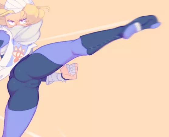 LF Color Source: 1girl, action pose, kick, tight clothing, the legend of zelda, sheikah, purple eyes, blonde hair, pussy, bandages, cropped