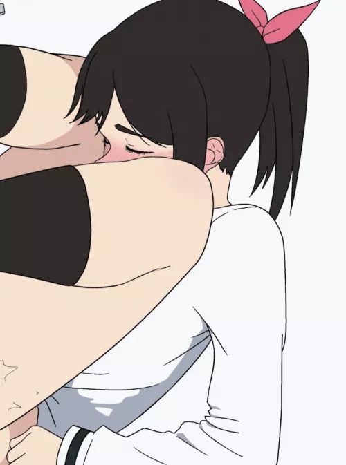 LF Color Source: 1girl, Blushing, Pink Ribbon, Black Hair, Stockings, Sex, White Shirt