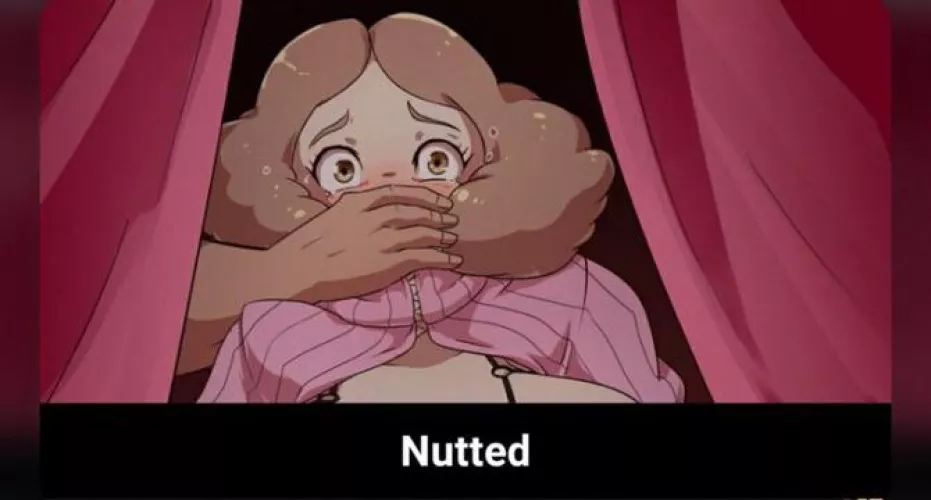 LF Color Source: 1girl, brown hair, brown eyes, scared, worries, blush, cupless bra, hand on mouth, curtains, pulled by another, ribbed sweater, sweater around neck, tears, “nutted”
