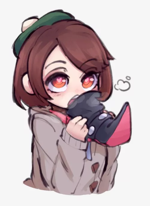 LF Color Source: 1girl, brown hair, sweater, knit hat, heart-shaped pupils, boot, heavy breathing, Gloria (Pokemon)