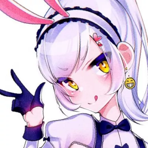 LF color source: 1girl, bunny ears, yellow eyes, white hair, long hair, licking, heart hair pin, earring, smiley face earring, tongue out, v finger sign, three finger out, white background