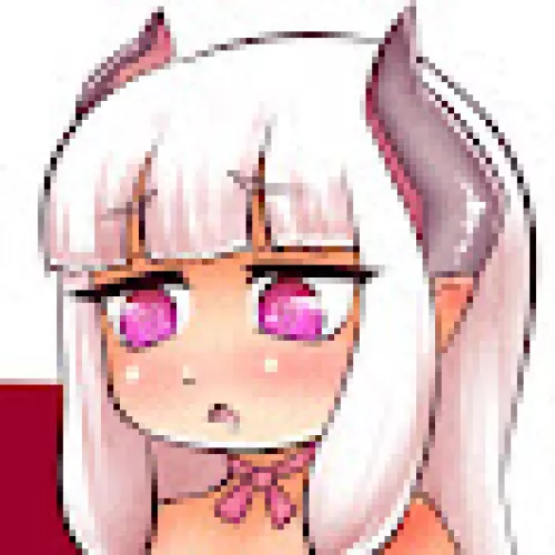 LF color source: 1girl, crop, face, white hair, horns, long hair, bangs, pink eyes, ribbon