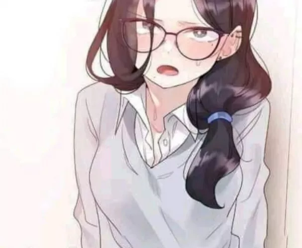 LF Color Source: 1girl, gray eyes, black hair, blue hair tie, side ponytail, medium sized breast, blushing, mole, white button up shirt, gray sweater, glasses, manhwa, mouth opened