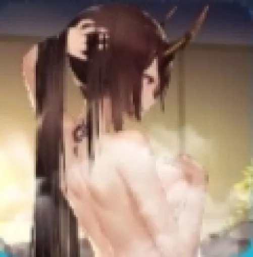 LF Color Source: 1girl, horns, hand on own chest, hand on own hair, smoke, fog, onsen(?), Long hair