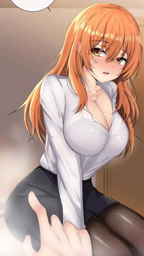 LF Color Source: 1girl, orange_hair, blushing, sweat, white_shirt, amber_eyes, big_breasts, office_worker