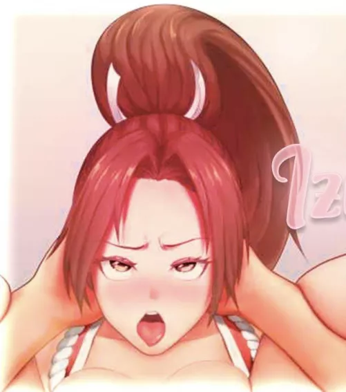 LF color source: 1girl, shiranui mai, brown hair, brown eyes, looking up, blushing, ahegao, ponytail, legs up, hands behind head