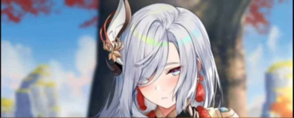 LF color source: 1girl, silver hair, silver eyes, very long eyes, highlights, hair over one eye, blush, looking at viewer, earrings, outdoors, eyes visible throught hair, blurry background.