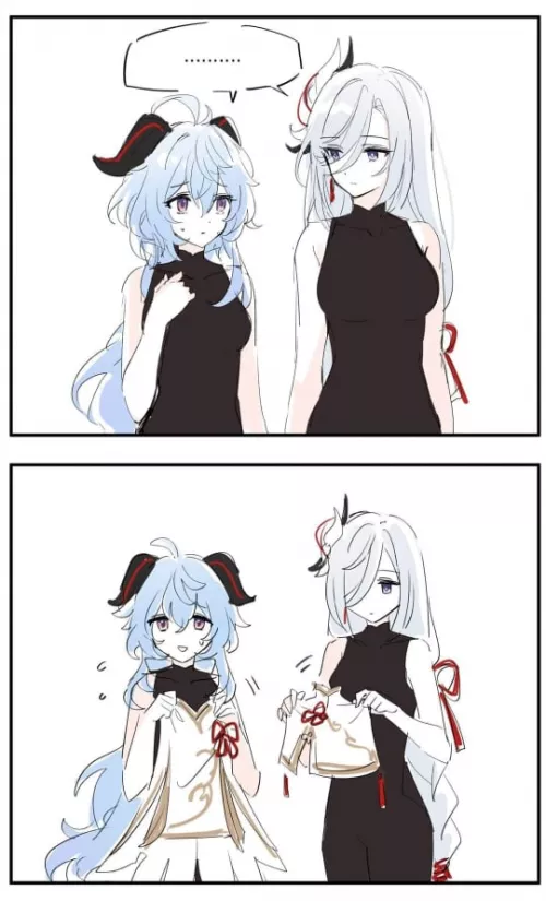 LF Color Source: 2girls, blue hair, white hair, purple eyes, horns, nervous, spandex, dress, genshin impact, ganyu