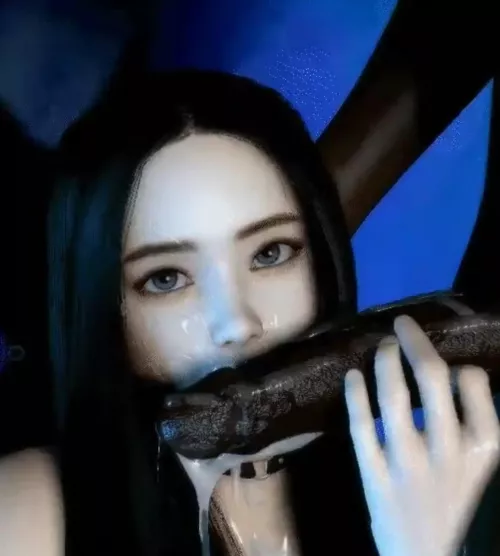 LF Color Source: 3d, interracial, dark skin, looking at viewer, black hair, choker, long hair, hand on penis, cum on face, cum on penis, grey eyes(?)