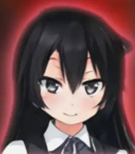 LF Color Source: black hair, 1girl, blushing, smiling, long hair, school uniform(?), black eyes, red background