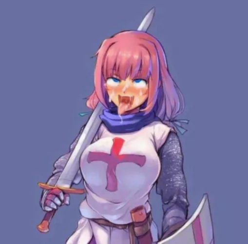 LF color source: knight, sword, shield, cum on face, pink hair, ahego
