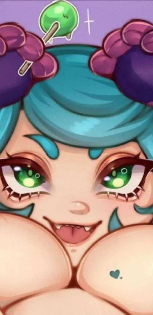 LF color source: lollipop, 1girl, blue hair, green eyes, open mouth