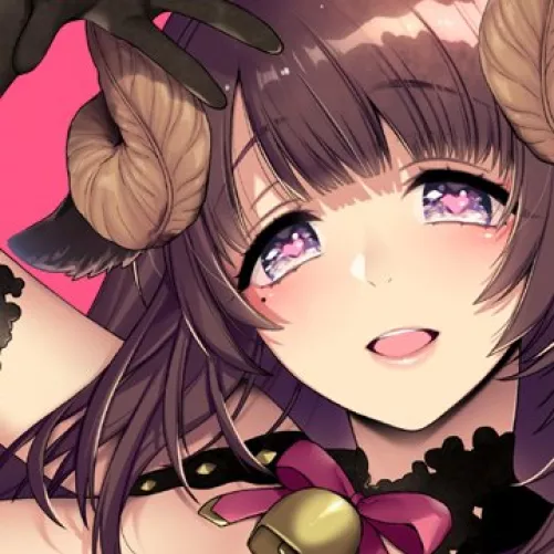 LF color source: Sumeragi Kohaku, face, horns, bells, 1girl, mouth open, crop, pink background, bangs, long hair, brown hair, ribbons, heart-shape pupil eyes