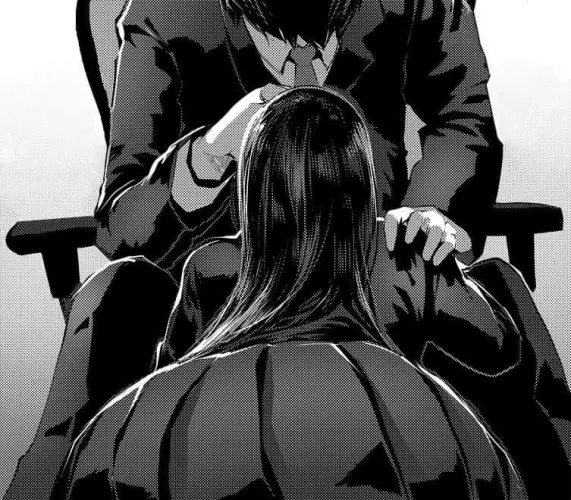 LF Mono Source: 1boy, 1girl, bend over, crouch down, black suit, necktie, collar, long black hair, uniform, short skirt, sitting, chair