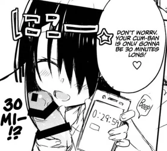 LF mono source: 1girl, 1boy, closed eye, bang covering eye, penis, censored, phone, timer, orgasm denial, “don’t worry. Your cum-ban is only gonna he 30 minutes long!”, “30 MI-!!”