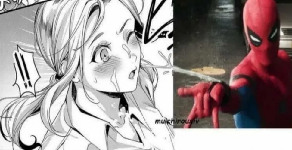 LF Mono Source: 1girl, blush, cumshot, facial, one eye closed, ponytail, spiderman