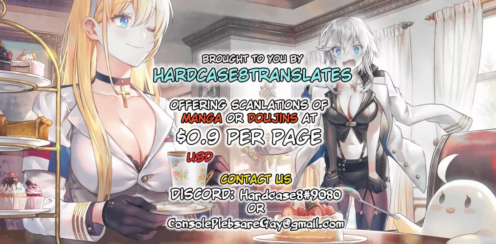 LF Mono Source: 2girls, blue_eyes, blonde_hair, silver_hair, large_breasts, jacket, jacket_on_shoulders, rosary, choker, necklace, cake, cake_slice, hairband, headband