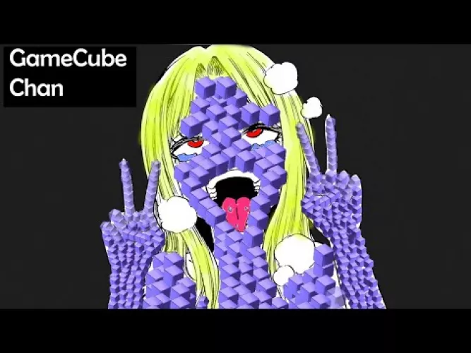 LF Mono Source: blonde, ahegao, red eyes, peace sign, long hair, 1girl, youtube video thumbnail, saliva, pant