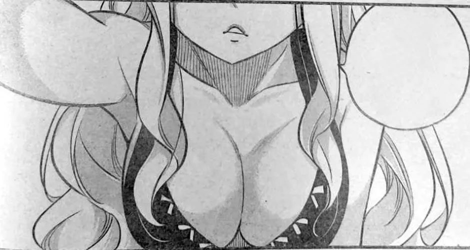 LF Mono Source: Eden's Zero ,Rebbecca Bluegarden ,1girl ,hanging breasts ,open mouth ,one hand-up ,speech bubble ,long blonde hair