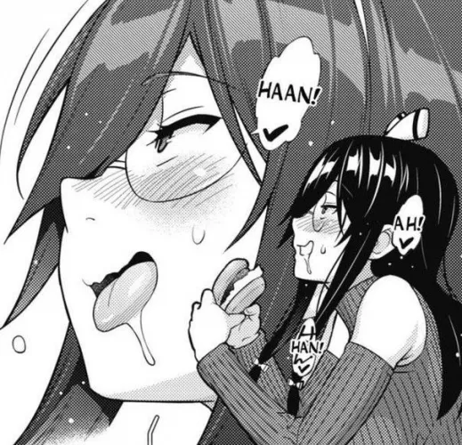 LF Mono source, long black hair, eating, hamburger, ahegao, drooling, glasses, long sleeves, open shoulder