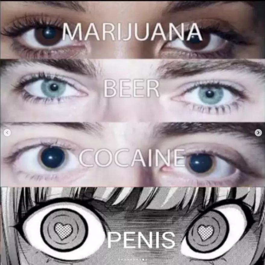 LF Mono Source: MARIJUANA, BEER, COCAINE, PENIS, eyes, drug meme, Cocaine Marijuana Beer meme, irises, dilated pupils, unusual pupils, heart-shaped pupils, multiple eyes, eyebrows, bangs, white hair, LF Mono Source: MARIJUANA, BEER, COCAINE, PENIS, eyes, drug meme, Cocaine Marijuana Beer meme, irises, dilated pupils, unusual pupils, heart-shaped pupils, multiple eyes, eyebrows, bangs, white hair,