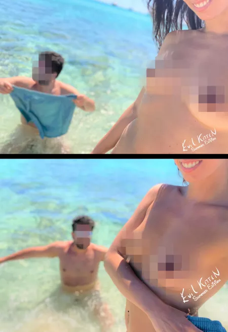 Mean girl... :P He is embarrassed beacause I forced him to go nude while wearing the chastity cage at the beach. I Kept his swimsuit and now he doesn't want to go out from the water haha [Domme]