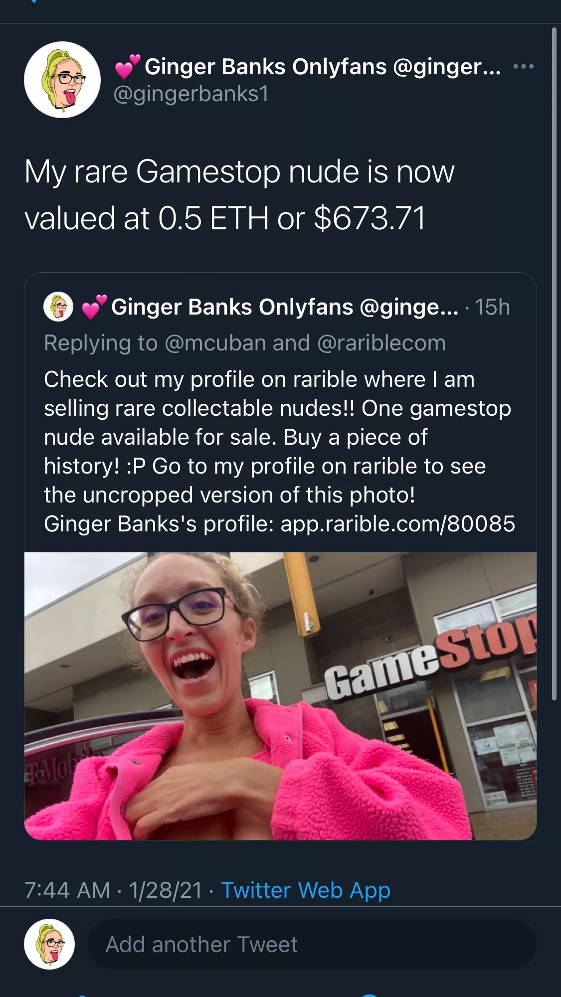 My rare GameStop nude is now valued at 0.5 ETH or $673.71 π€―π€―π€― NFTs are going to be huge in the future My rare GameStop nude is now valued at 0.5 ETH or $673.71 π€―π€―π€― NFTs are going to be huge in the future