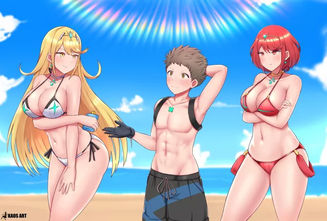Mythra and Pyra at the beach