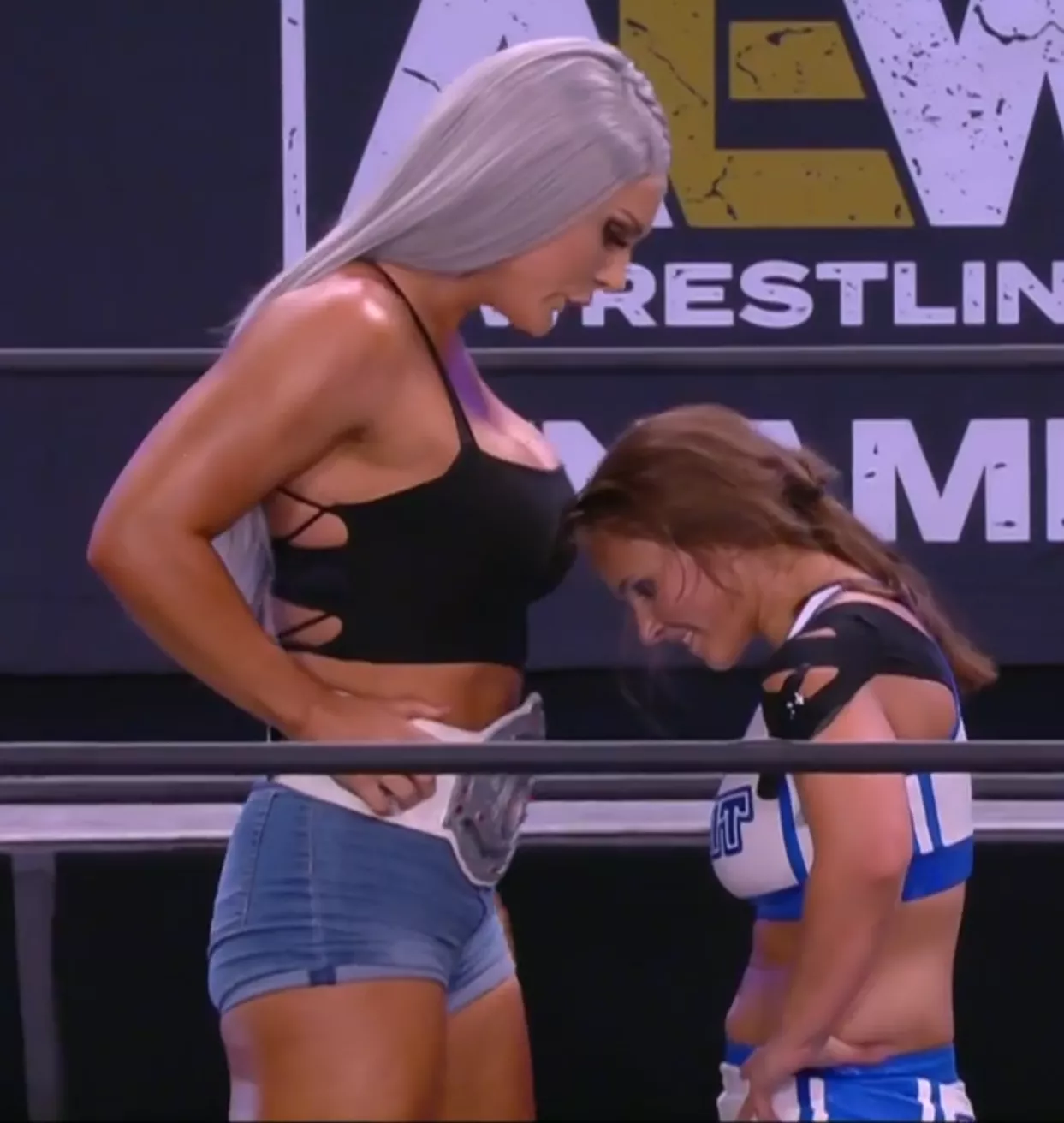 NWA Wome's Champion Kamille stands face to face...er...chest to face with her next challenger, Layla Hirsch. NWA Wome's Champion Kamille stands face to face...er...chest to face with her next challenger, Layla Hirsch.