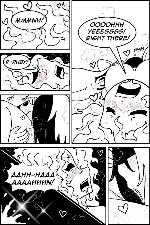 [Original][Our Little Universe] Just some random comic panels I drew if my OC Ruby offering Rosa a post-shower “surprise” 👀😳🥴❤️