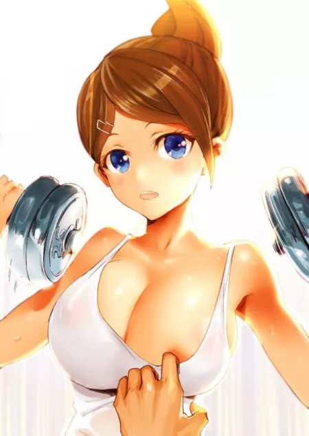 Pulling Asahina’s shirt down while she works out