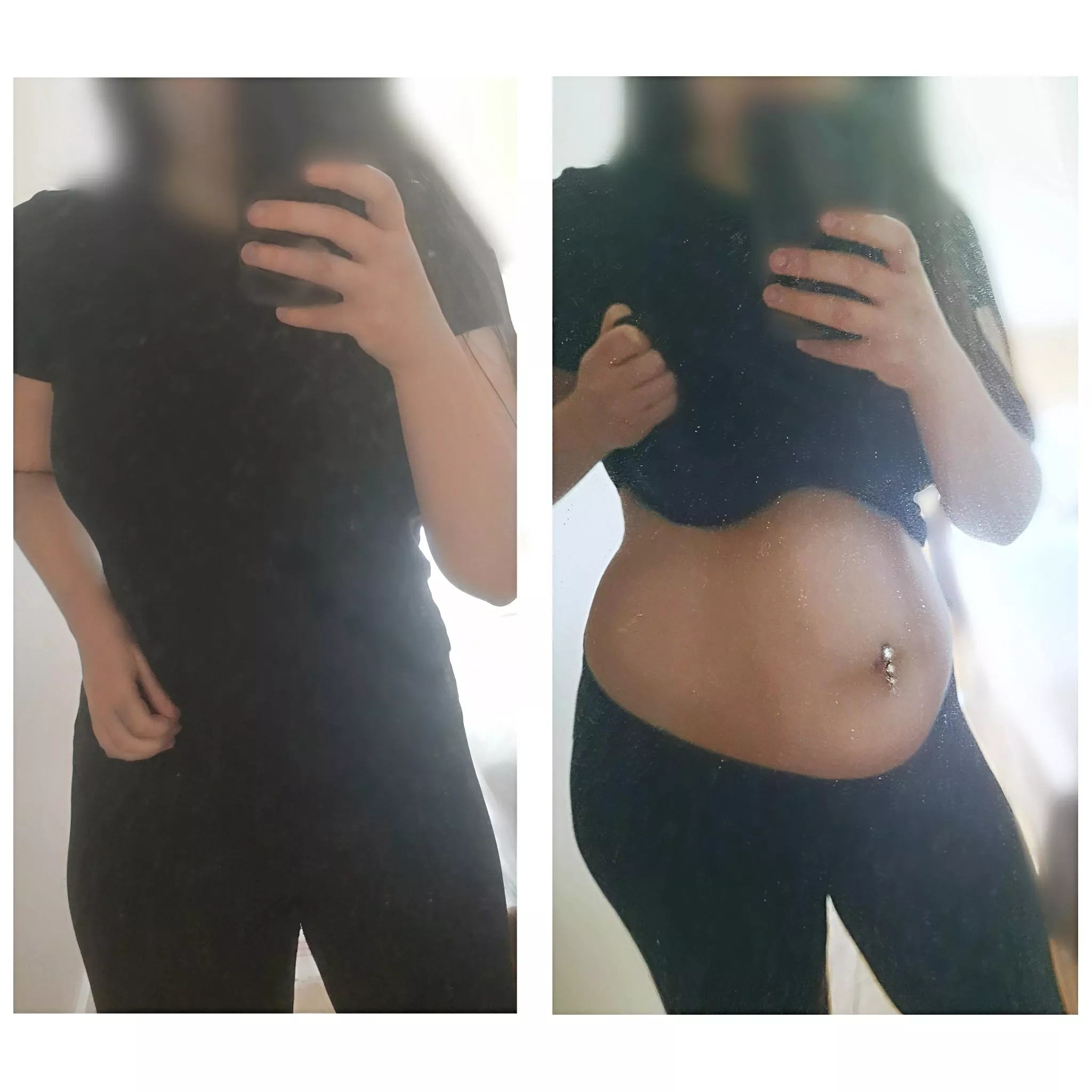 Same mirror. Same outfit. One year apart. I have a hard time containing this belly anymore 😅 (132 to 185lbs) Same mirror. Same outfit. One year apart. I have a hard time containing this belly anymore 😅 (132 to 185lbs)