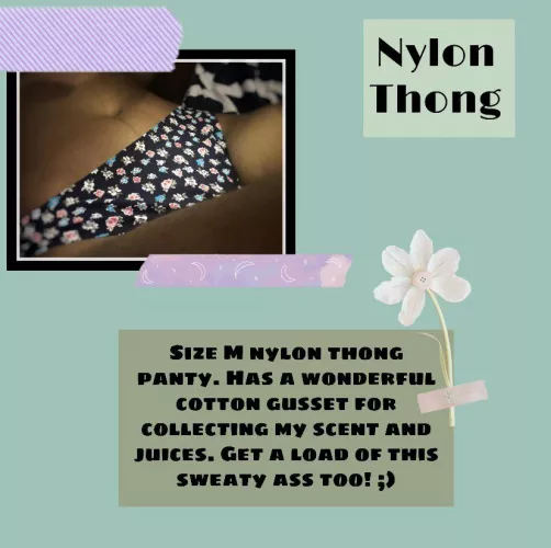 [selling] this naughty nylon thong! Has a grey cotton gusset that’s perfect for collecting my sweetness. Feel free to reach out to inquire! 🍑🦋
