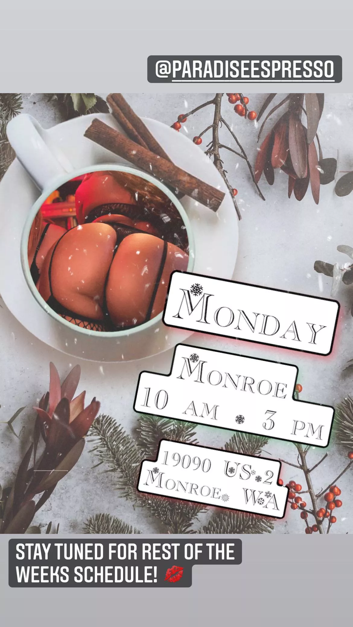 @sunshynebarista Catch me tomorrow in Monroe at the @paradiseespresso from 10 am - 3 pm🌴☕️ Stay tuned for the rest of this weeks schedule 💋 @sunshynebarista Catch me tomorrow in Monroe at the @paradiseespresso from 10 am - 3 pm🌴☕️ Stay tuned for the rest of this weeks schedule 💋