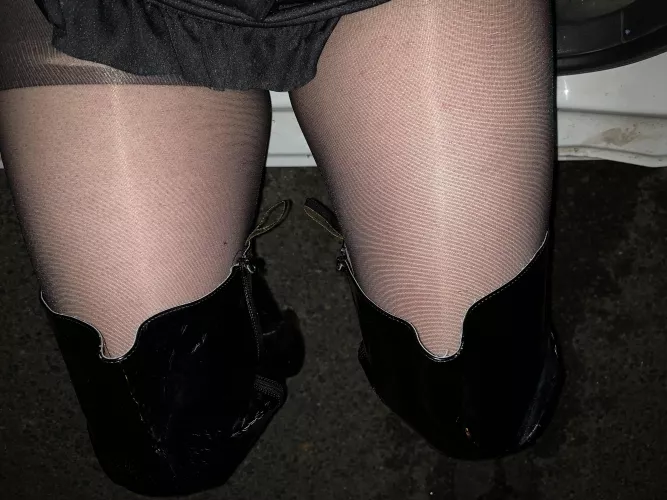 Thigh high boots with black sheer