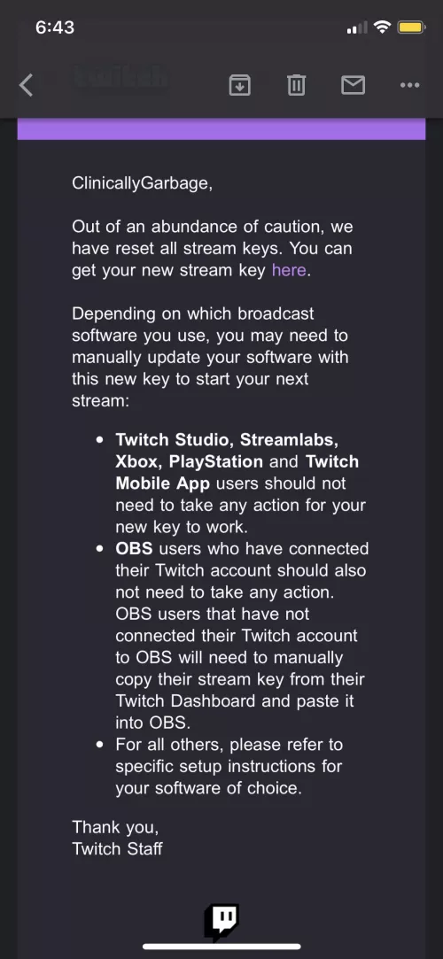 Twitch is resetting stream keys. Just so y’all know